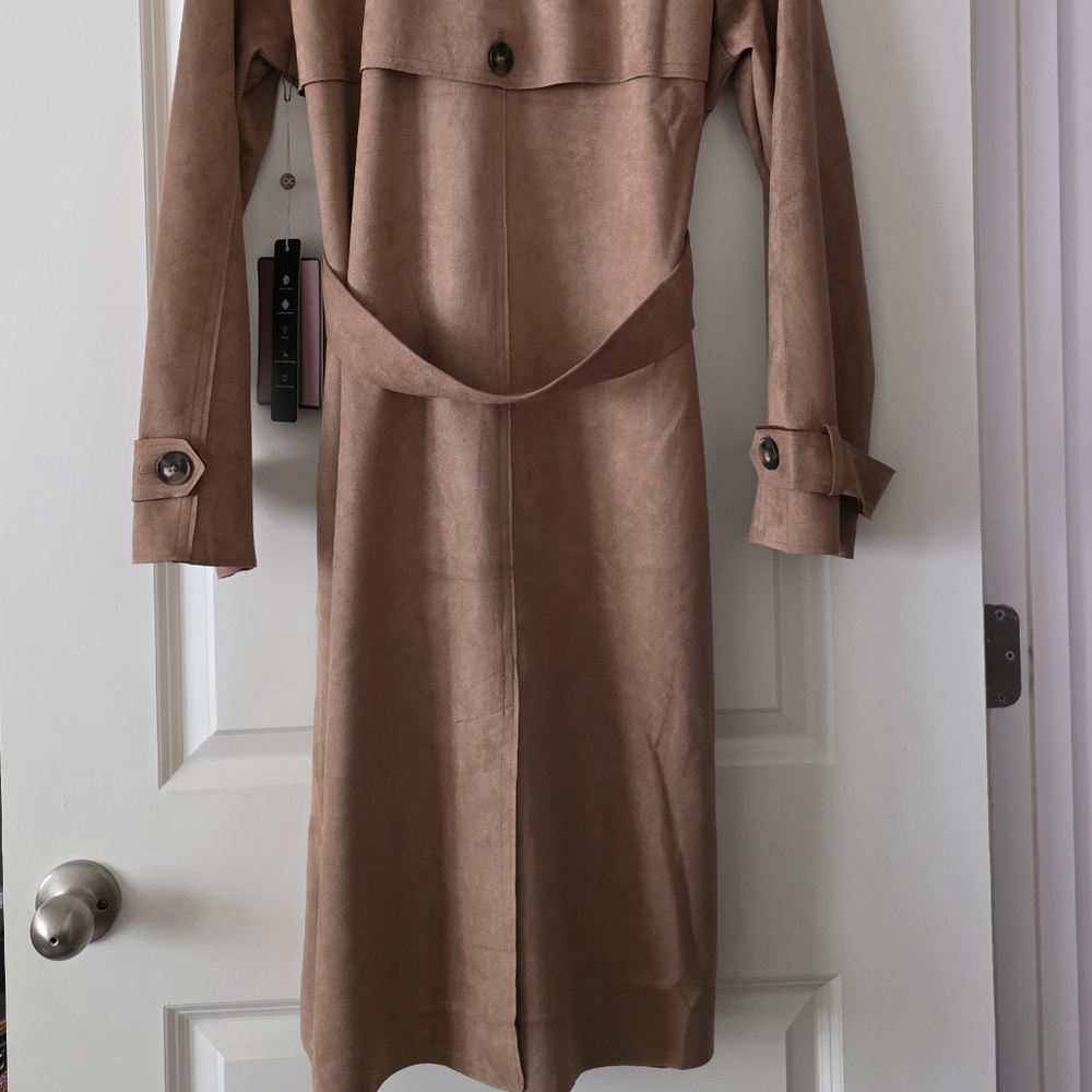 Culture Couture Trench Coat Faux Suede Preppy Academia Womens Size L NWT Tan - Picture 7 of 10